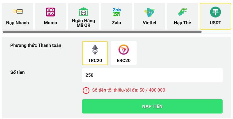 Nạp tiền bằng tiền điện tử USDT (TRC20/ ERC20)
